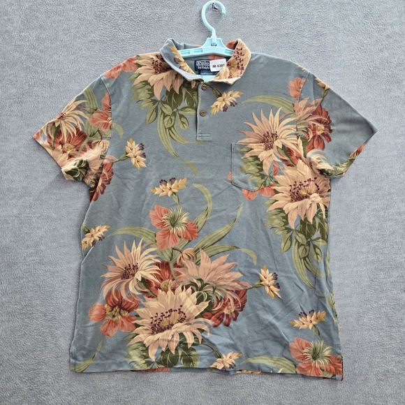 VINTAGE Polo By Ralph Lauren Men Polo Shirt XL Blue Floral Wild Flower Hawaiian